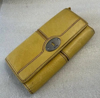 Fossil Yellow Marlow Trifold Leather Flap Clutch Wallet Vintage - Image 1 of 4
