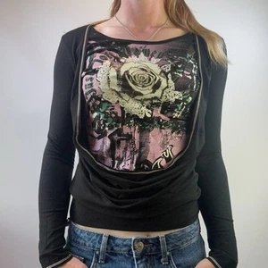 Deadstock Y2K Grunge Axara Paris Graphic Rose Long Sleeve Top Small - Picture 1 of 7