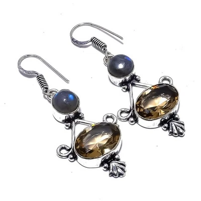 Brinco de prata esterlina 925 topázio esfumaçado natural, pedra preciosa labradorita 2,0" A814 - Imagem 1 de 4