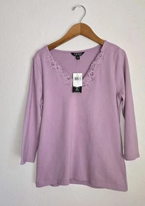 Lauren Ralph Lauren Women's Purple Lace-Trim Stretch Cotton Top - L - Purple - Picture 1 of 7