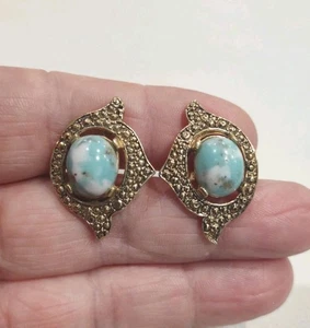 Vintage GT Turquoise Colored Stone Sarah Coventry Clip Earrings 1", C23 - Picture 1 of 4