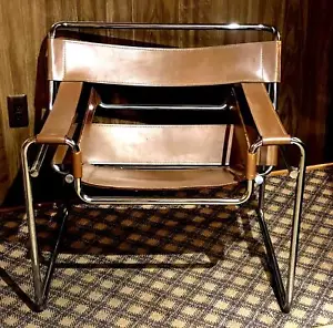 Vintage MCM Faux Wassily Chair Tan Leather Chrome Great Condition - Picture 1 of 8