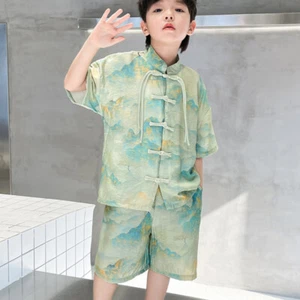 Kids Boys Outfit Top Shorts Casual Tang Suit Short Sleeve Frog Button Printed - Picture 1 of 11