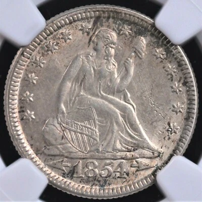 1854 ARROWS SEATED LIBERTY QUARTER NGC MS 61 WELL STRUCK CHAMPAGNE GLOW AND VERY - Image 1 of 4