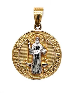 14k Solid Gold Saint Benedict of Nursia Medal San Benito Cross Charm Pendant - Picture 1 of 6