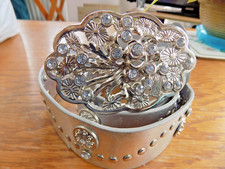 Vintage 1980's Large Rhinestone Buckle Belt Studs Silver Size 12 to 43" Waist