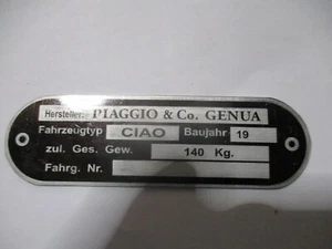 Typenschild Schild CIAO piaggio Genua genova Vespa Moped Mofa s69 - Bild 1 von 1