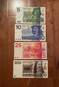 NETHERLAND: 5-10-25-100 Gulden, 1968-1973 Currency Pre-Euro Banknote - Picture 1 of 2