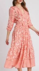 Umgee Pink Floral Prairie Border Print Tassel Tie 3/4 Sleeve Mini Dress Size L - Picture 1 of 7