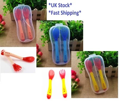 Baby Toddler Temperature Sensing Cutlery Set Travel Case Feeding Weaning Spoon - Image 1 of 3
