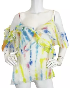 NEW Tanya Taylor Silk Tavia Top Tie Dye Cold Shoulder Ruffled Lined Sz 16 - Picture 1 of 12