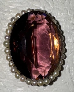 Antique Victorian Brooch Amethyst Faux Faceted Stone Pearl Surround 2” Huge Oval - Picture 1 of 2