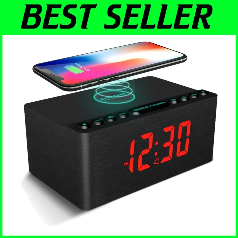 Wooden Digital Alarm Clock FM Radio with Wireless Charger - Image 1 of 4