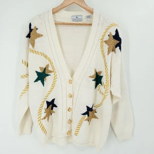 Vintage Maggie Lawrence Cardigan Womens L Star Nautical Cream Sweater Novelty - Picture 1 of 11
