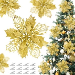 36 Pcs Christmas Glitter Poinsettia Flowers Artificial Flower Ornaments Fake . - Picture 1 of 6