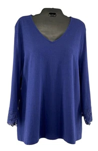 Denim & Co Damen Gr. XL blau V-Ausschnitt Tunika Oberteil 3/4 Arm Pullover Spitzendetail - Bild 1 von 4
