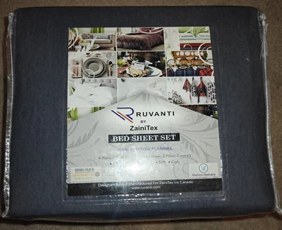 New Ruvanti 100% Cotton Flannel Bed Sheet Set 4 Piece Gray Queen Size - Image 1 of 4