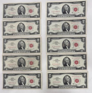 Lot of Ten, 1963 $2 Red Seal Legal Tender Notes • Thomas Jefferson • Sleeve #199 - Picture 1 of 2