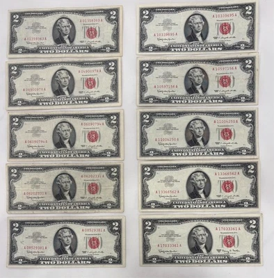 Lot of Ten, 1963 $2 Red Seal Legal Tender Notes • Thomas Jefferson • Sleeve #199 - Image 1 of 2
