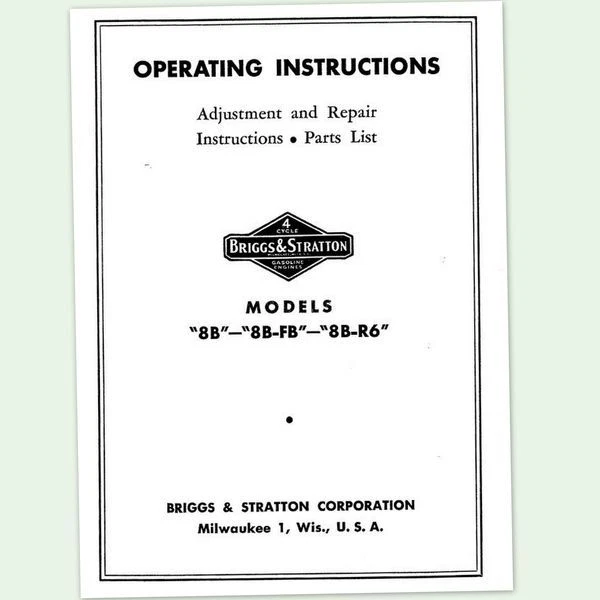 Briggs And Stratton 8B Engine Operators Repair Parts Manual Service Owners Bs & - Image 1 of 1