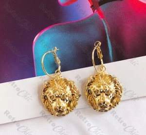 LION door knocker GOLD FASHION HOOPS retro EARRINGS 3cm hoop circle LIONS HEAD - Picture 1 of 5