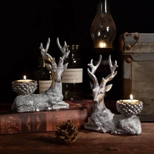 Pair of Silver Deer Candlestick Candle Holders for Fireplace Table Shelf, Porch - Picture 1 of 3