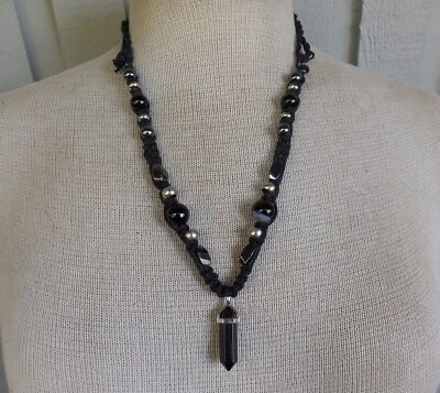 Gargantilha colar de cânhamo ajustável com terminação dupla ônix joia com contas de hematita - Imagem 1 de 4