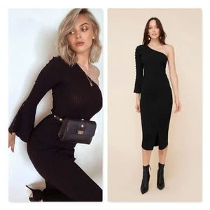 SHEIKE Womens Size S or 10 Black One Shoulder Pearl Trim Rib Knit Dress - Picture 1 of 7