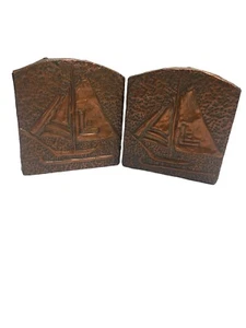 Vintage Hamdmade Copper And Wood Print Embossed Plate Bookend Pair Sailboats - Picture 1 of 13