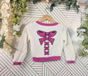Maglione cardigan Betsey Johnson donna LUCITE bianco rosa fiocco cropped taglia media - Foto 1 di 8
