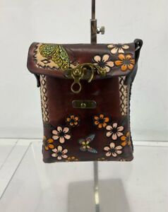Dark Brown & Multicolor Tooled Leather Floral/Butterfly Front Flap Crossbody Bag
