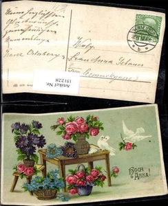 151228,Namenstag Tisch m. Blumenvasen Blumenkorb Blumen Brieftauben Brief Goldve - Bild 1 von 1