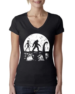 Moon Silhoutte Bigfoot Shadow Big 3 Myths Women Junior Fit V-Neck Tee - Picture 1 of 13