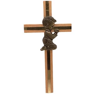 Vintage betender kleiner Junge Kreuz 6" Holz Messing Wandhalterung - Bild 1 von 3