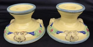Vintage Pair of MCM Pottery Candle Holders Bear Faces ? Floral - Photo 1 sur 9