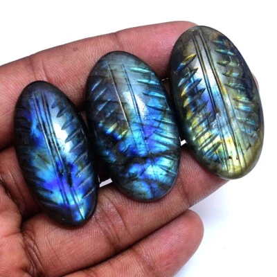 3 Pcs Natural Labradorite 41mm-43mm Oval Hand Carving Flashy Untreated Gemstones - Image 1 of 4
