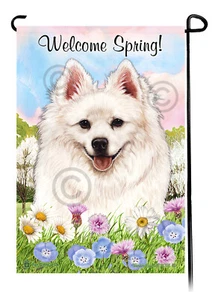 American Eskimo Welcome Spring Flowers Garden Flag - Picture 1 of 2