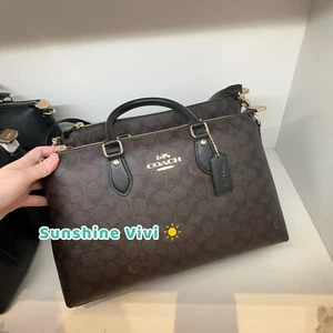 NWT COACH CW422 Georgia Satchel Bag In Signature Canvas Walnut/Black - Picture 1 of 10