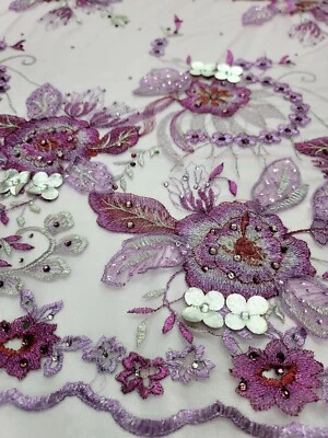 Lilac Lace Embroidery 3d Vinyl Floral Flowers Fabric By The Yard Dress Fashion  - Image 1 of 4