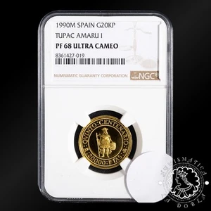 1990 - 20000 PESETAS Oro - V Aniversario - Tupac Amaru - NGC PF68 UC - Picture 1 of 2
