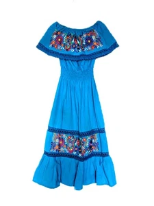 Mexican Embroidered Floral Women's Dress Peasant Long Blue Dress L, XL  - Picture 1 of 7