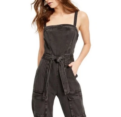 Mono utilitario de mezclilla negro espalda abierta cuello cuadrado Free People Go West talla S Foto 1 de 4