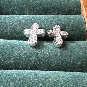 Cross Silver Tone Pierced Earrings With Sparkling Rhinestones - Picture 1 of 2