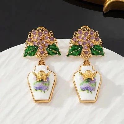 Museum Angel Earrings Gold Tudor Court Garden Vase Flower Bouquet Lilac Revival  - Image 1 of 4