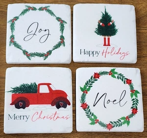 SET 4 SOTTOBICCHIERI IN PIETRA Natale Vacanze Diversi Modelli Bianco Rosso Verde Gioia - Foto 1 di 6