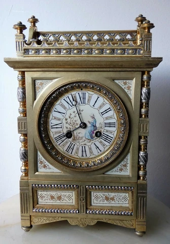 Great French Real Antique Bronze/Porcelain Mantel Clock Buffet Tischuhr-13132 Cover