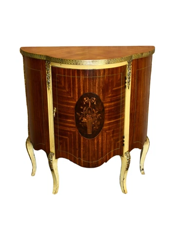 Vintage Inlaid Satinwood Demi Lune Petite Cabinet w/Brass Ormolu Cover
