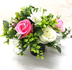 Artificial Silk Flower Grave Pot with Large Roses in Pinks and Ivory & greenery - Picture 1 of 2