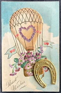 AÑADIR EN POSTAL ~ HERRADURA DORADA GRUESA EN GLOBO AEROSTÁTICO EN RELIEVE VOLANDO EN CIELO - Imagen 1 de 2