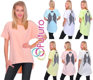 Womens New Asymmetric Top Wings Print T-Shirt Tunic Mini Dress Size 8-14 FT1884 - Picture 1 of 9